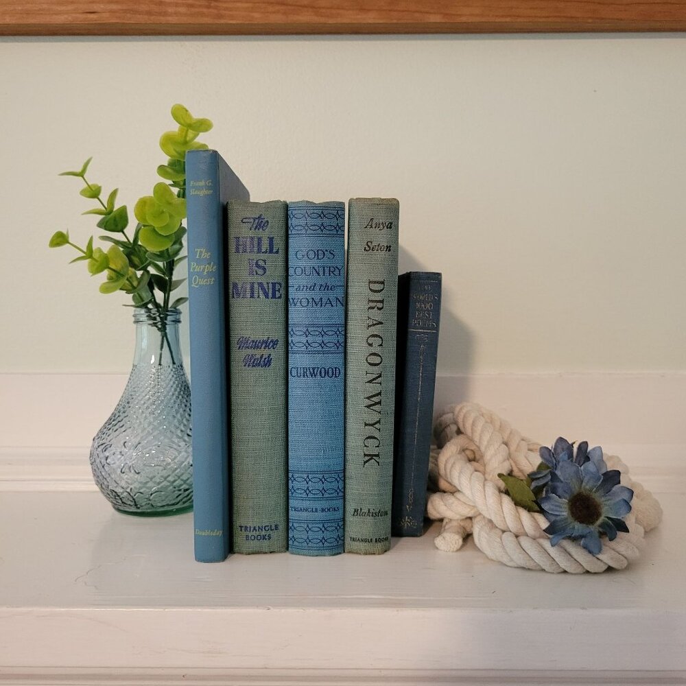 5 Blue Vintage Book Set‎ Lot Staging Decor Retro Prop Shelf Mantle Centerpiece